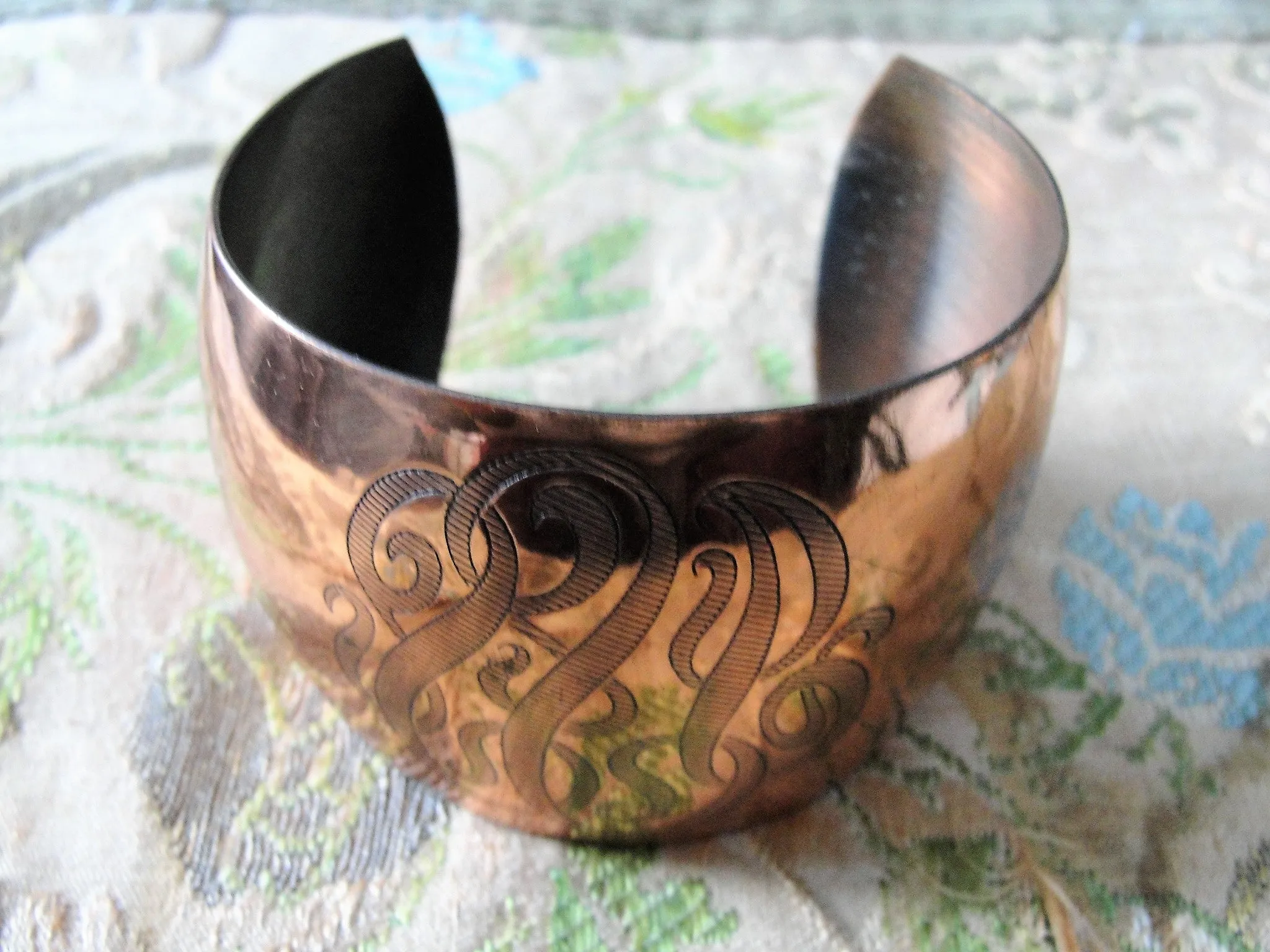 GORGEOUS Vintage Bracelet,Genuine Copper,Wide Cuff Bracelet, Decorative Monograms,Statement Bracelet, Collectible Vintage Copper Jewelry
