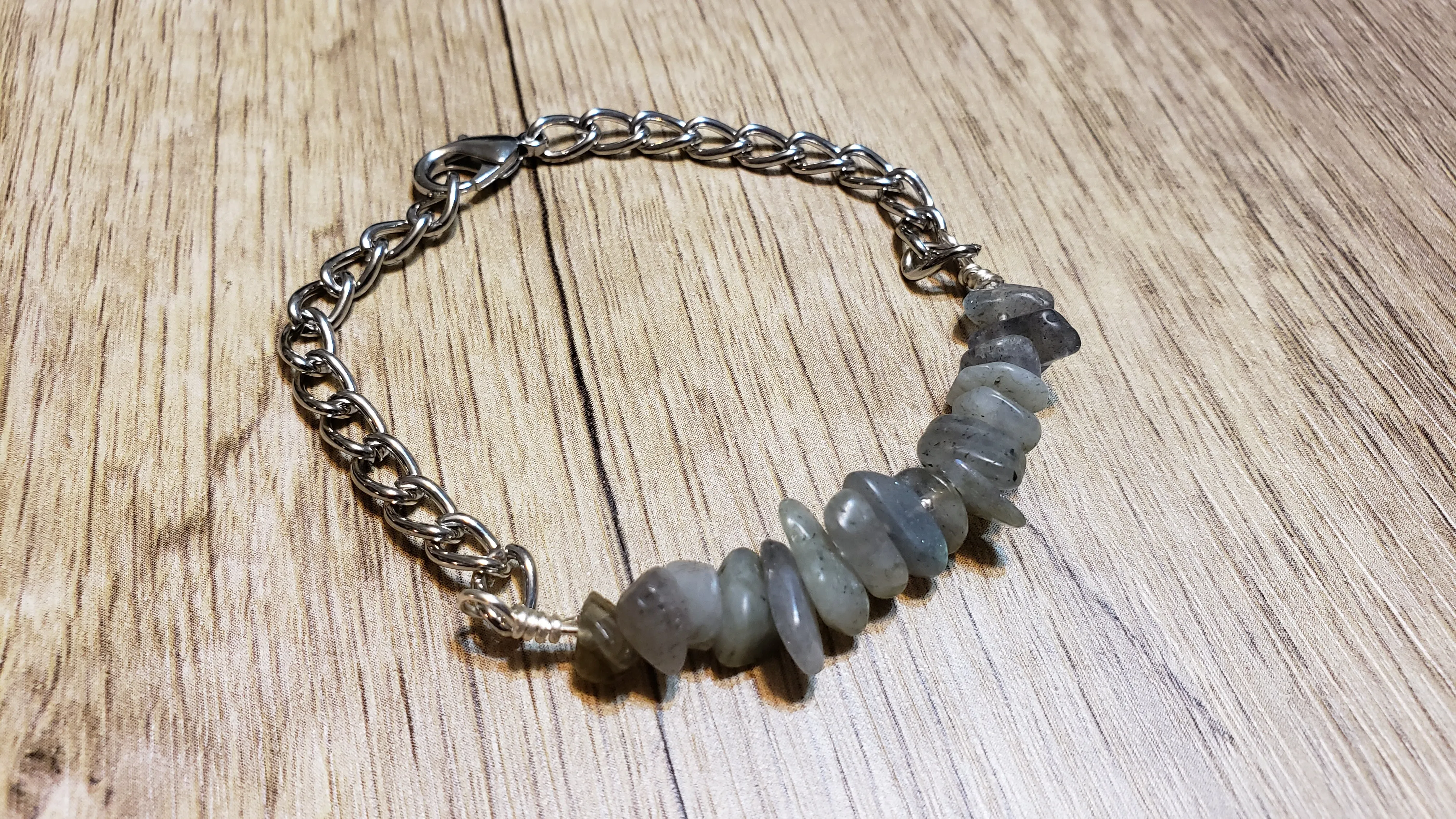 Hand Crafted All Natural Labradorite Gemstone & Chain Adjustable to 8" Bracelet with Lobster Claw Clasp