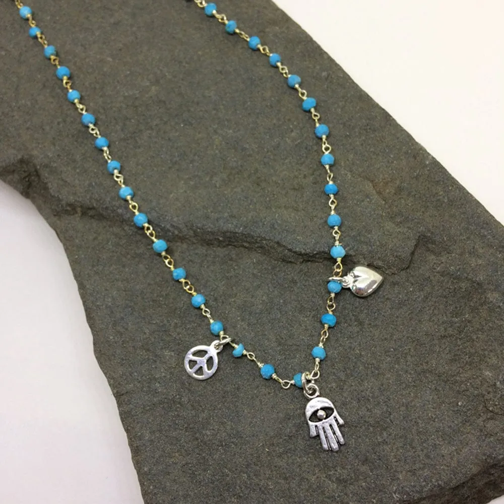 Handmade Peace, Love & Hamsa Turquoise Wrap Bracelet & Necklace - By Sarah Beams