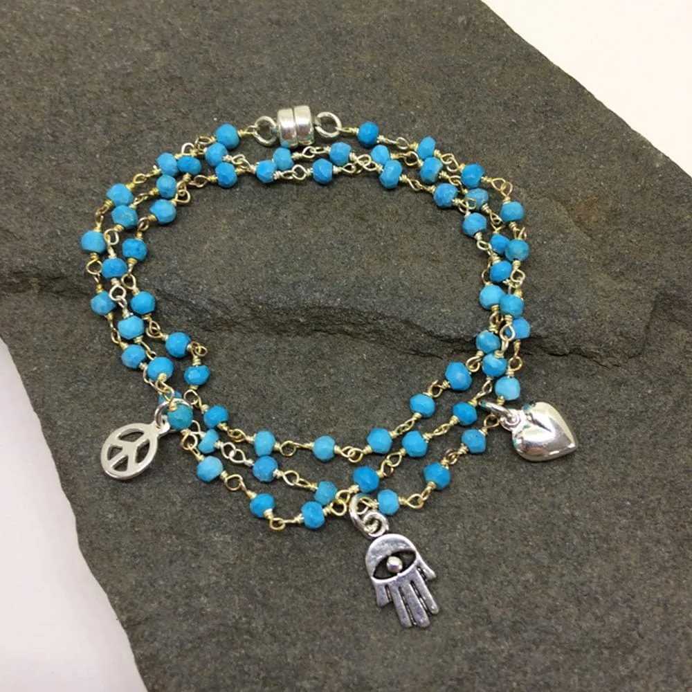 Handmade Peace, Love & Hamsa Turquoise Wrap Bracelet & Necklace - By Sarah Beams