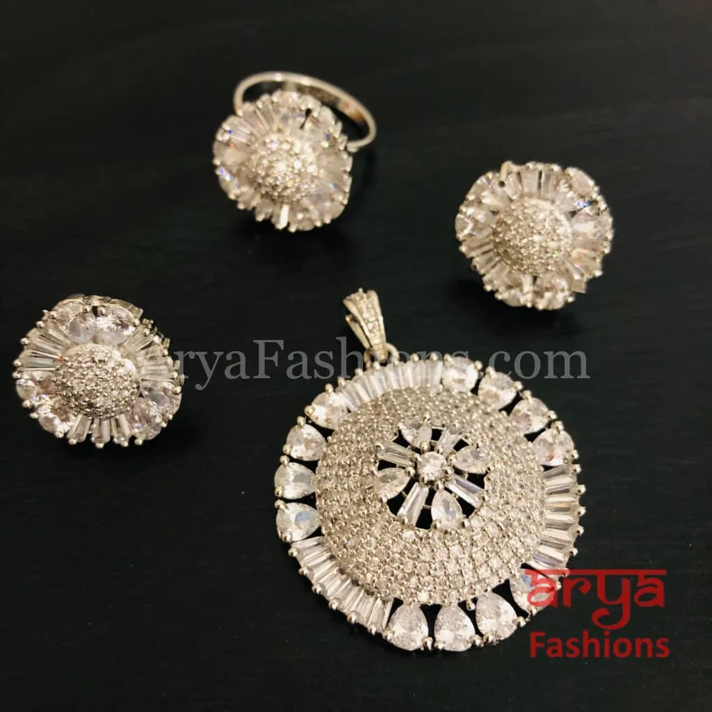 Kia Silver CZ Pendant Set with Ring and Earrings