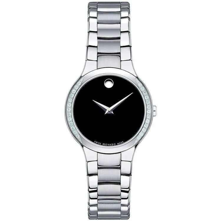 Movado Serio Black Dial Steel Bracelet Quartz Ladies Watch 0606385