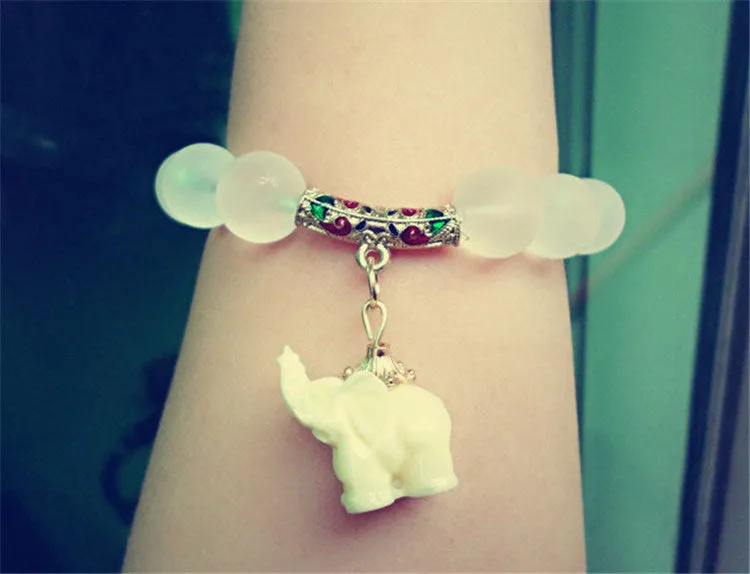 Natural Crystal Beads Bracelets For Women Fashion Silver Alloy Elephant Charm Bracelets Bangles Femme
