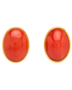 Red Coral Cabochon Earrings