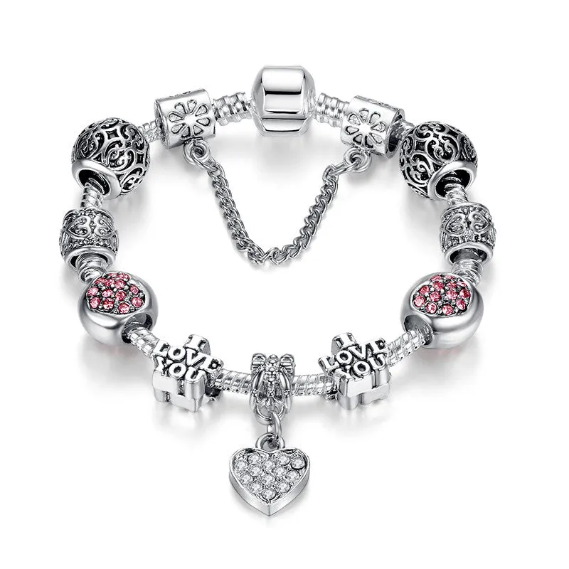 Russia Belarus Popular Women Bracelet 925 Silver Heart Charm Bracelet & Bangle With Vintage Silver Beads Jewelry