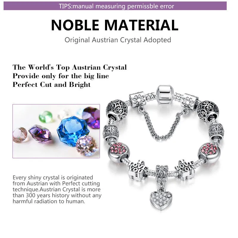 Russia Belarus Popular Women Bracelet 925 Silver Heart Charm Bracelet & Bangle With Vintage Silver Beads Jewelry