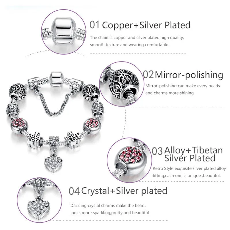 Russia Belarus Popular Women Bracelet 925 Silver Heart Charm Bracelet & Bangle With Vintage Silver Beads Jewelry