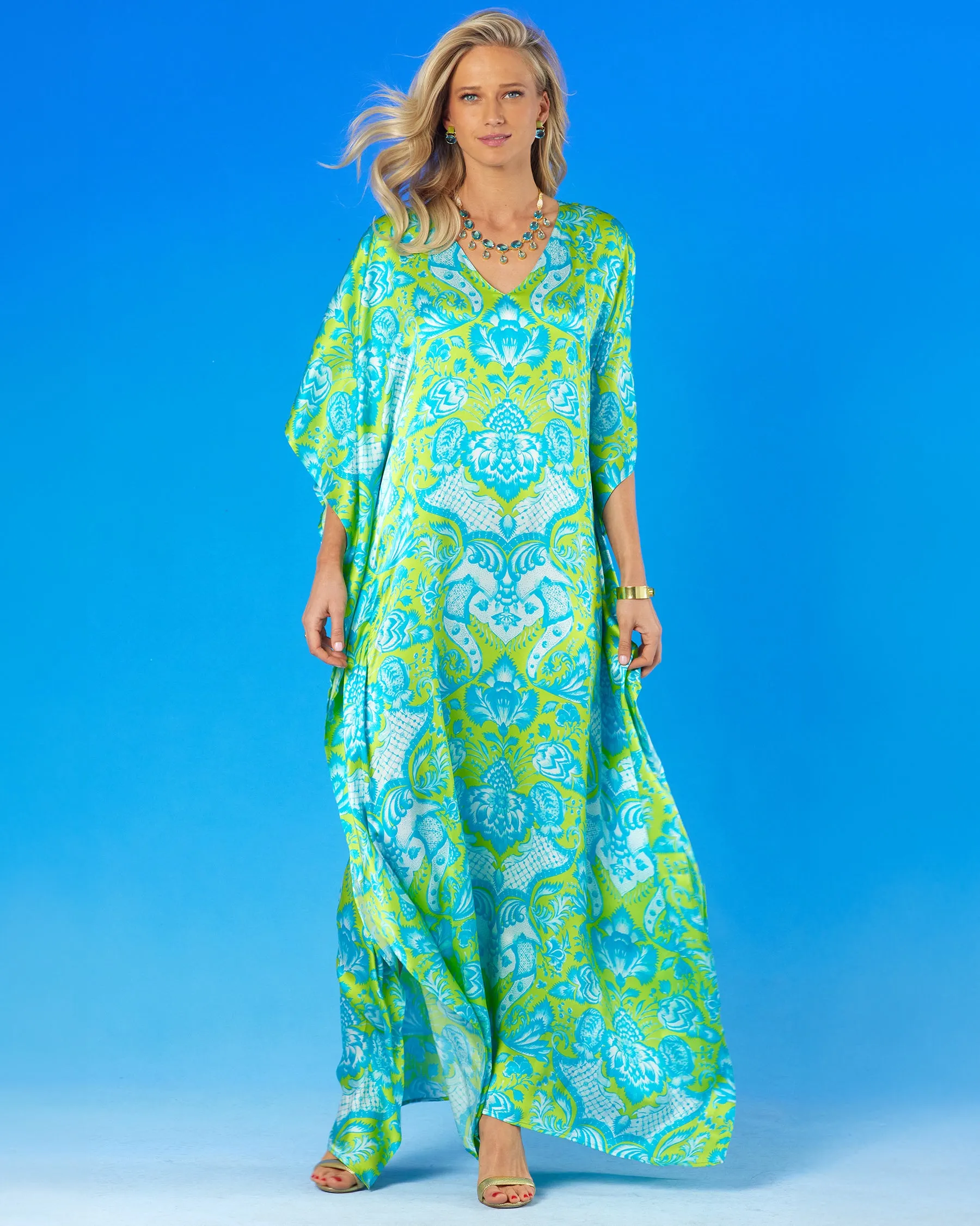 Shalimar Silk Kaftan in Turquoise and Lime