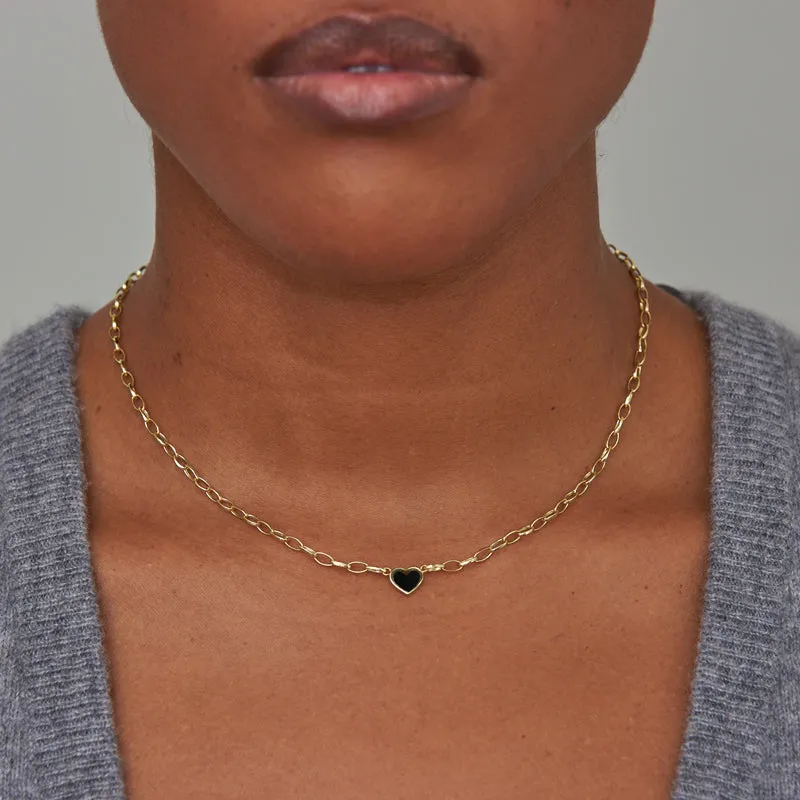 Small Edith Link Necklace with Onyx Inlay Heart