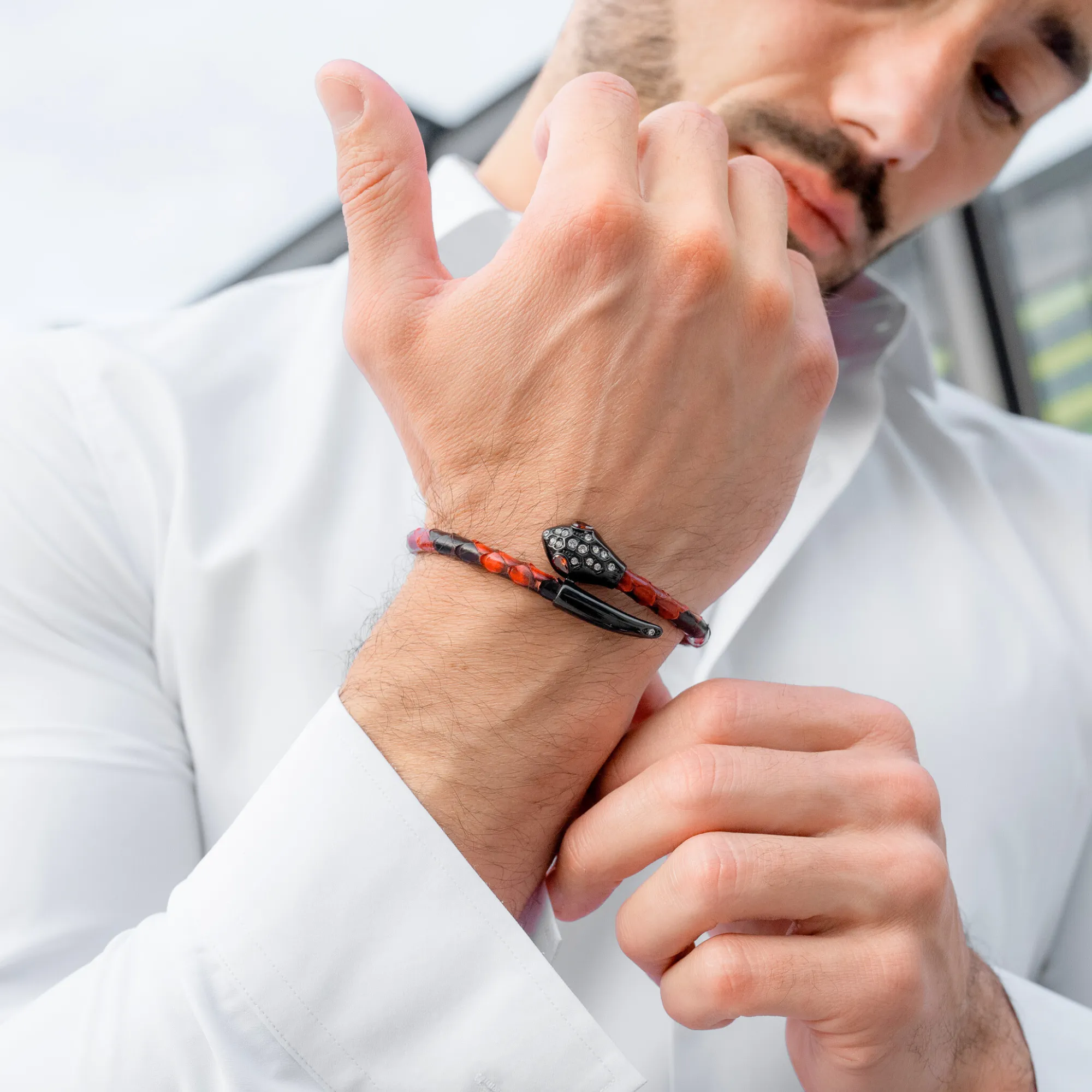 Snake Head Bracelet - Red Leather with Zircon