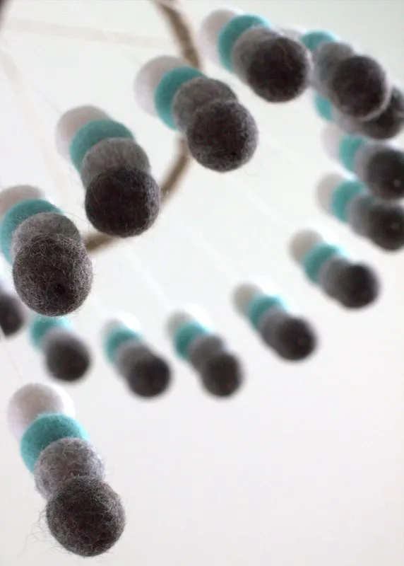 Spiral Felt Ball Mobile- Turquoise, Charcoal, Gray, White