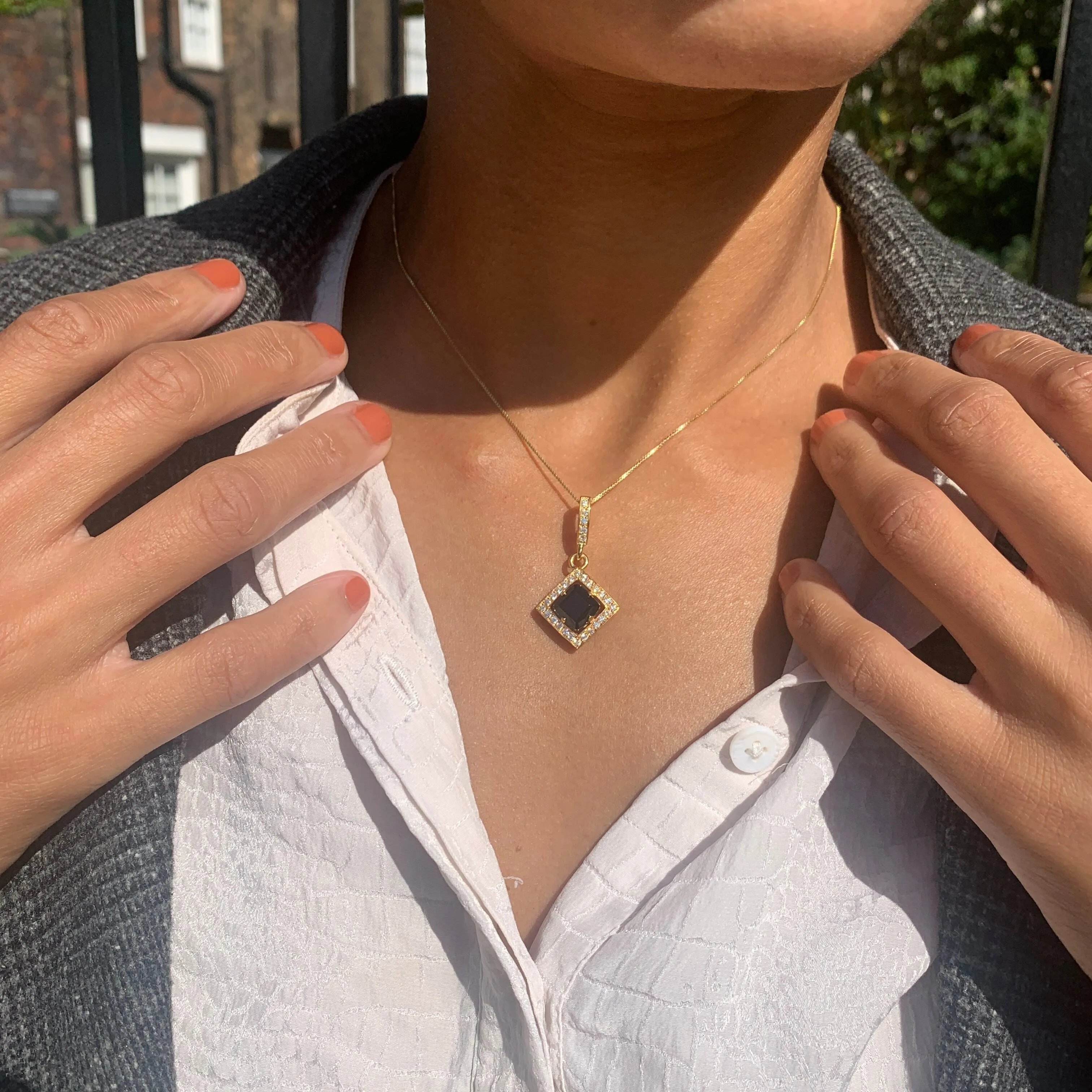 Square Onyx Pendant - Gold Onyx Necklace - Vintage Square Necklace