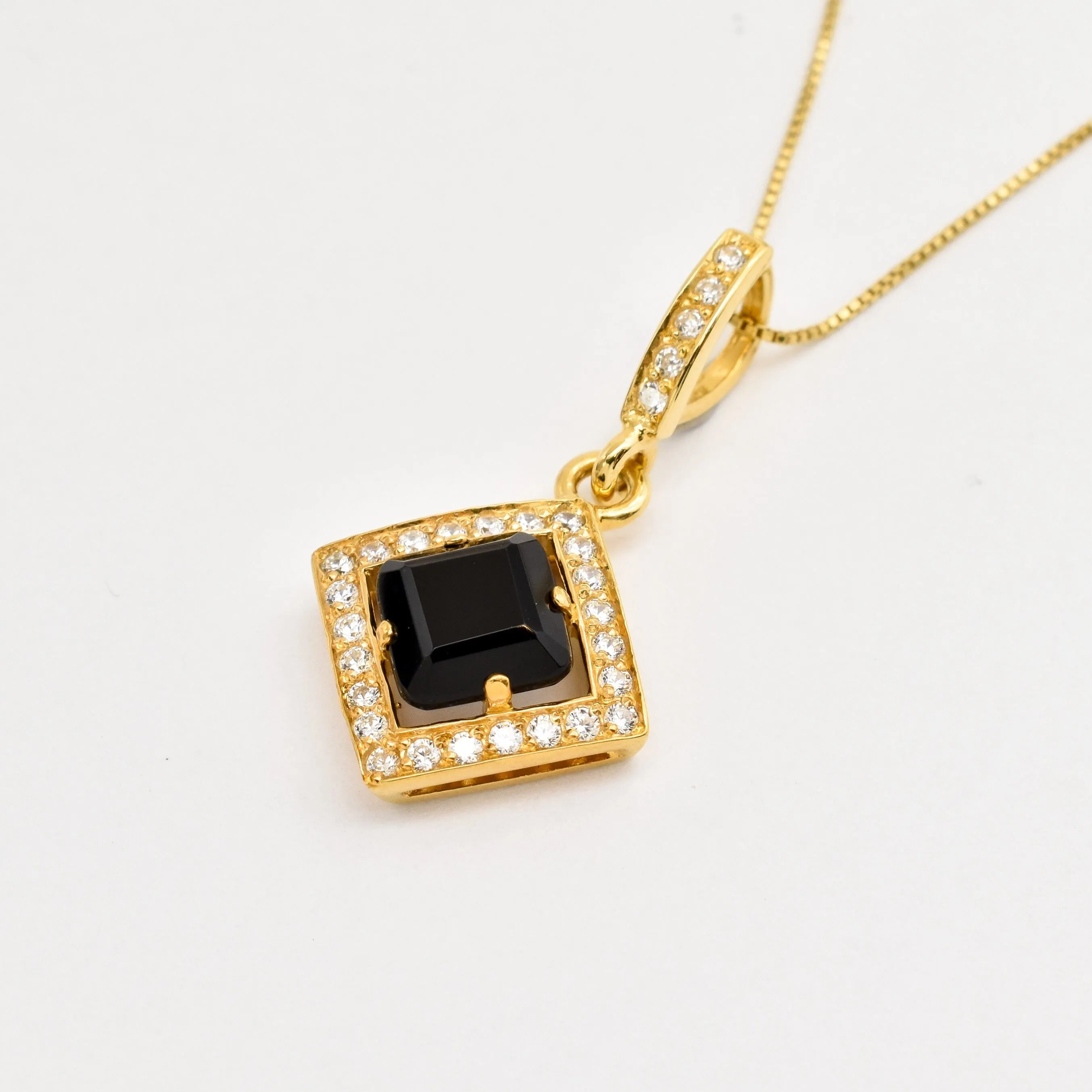 Square Onyx Pendant - Gold Onyx Necklace - Vintage Square Necklace