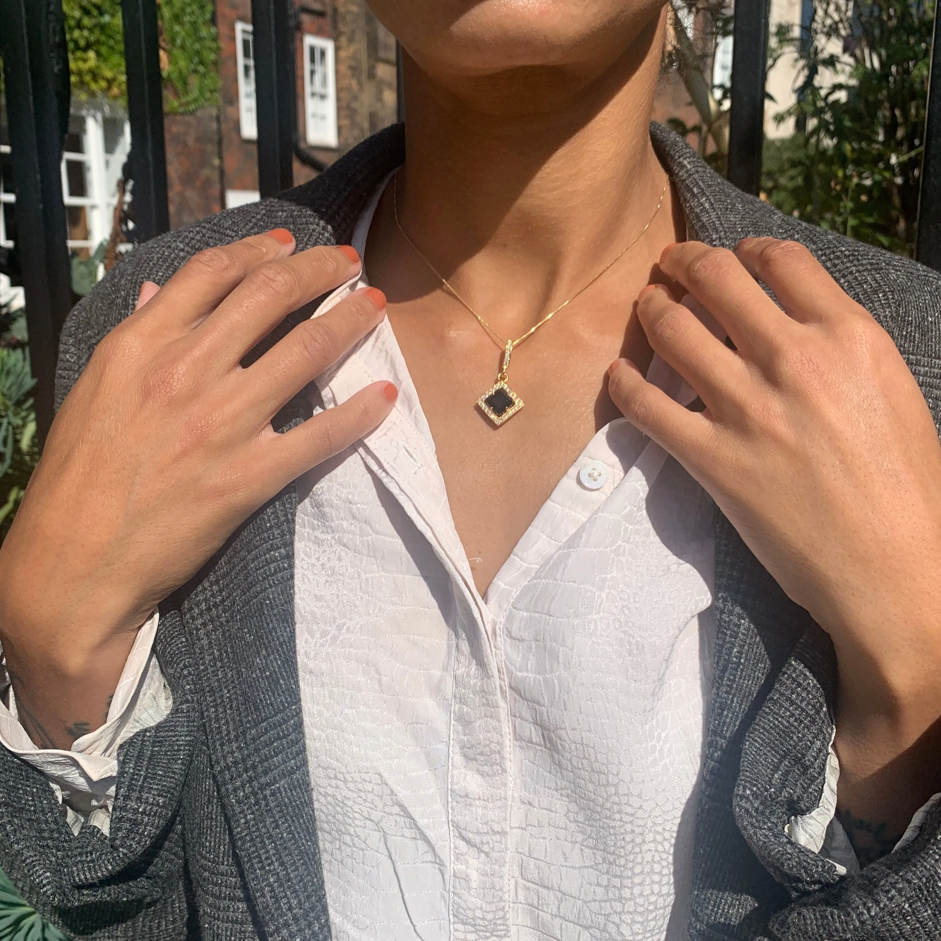 Square Onyx Pendant - Gold Onyx Necklace - Vintage Square Necklace