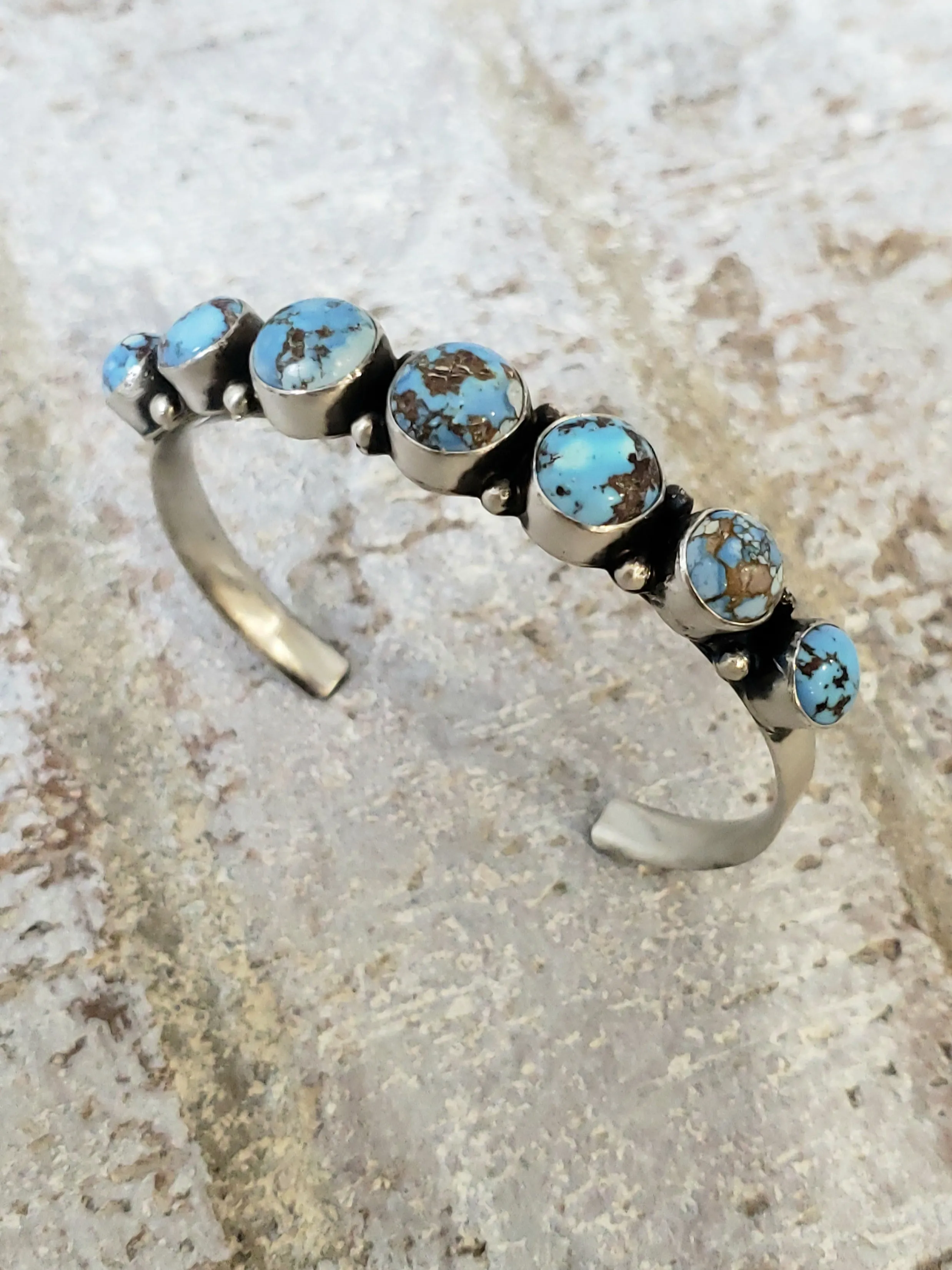 Stamped Sterling Silver 7 Stone Golden Hills Turquoise Cuff Bracelet