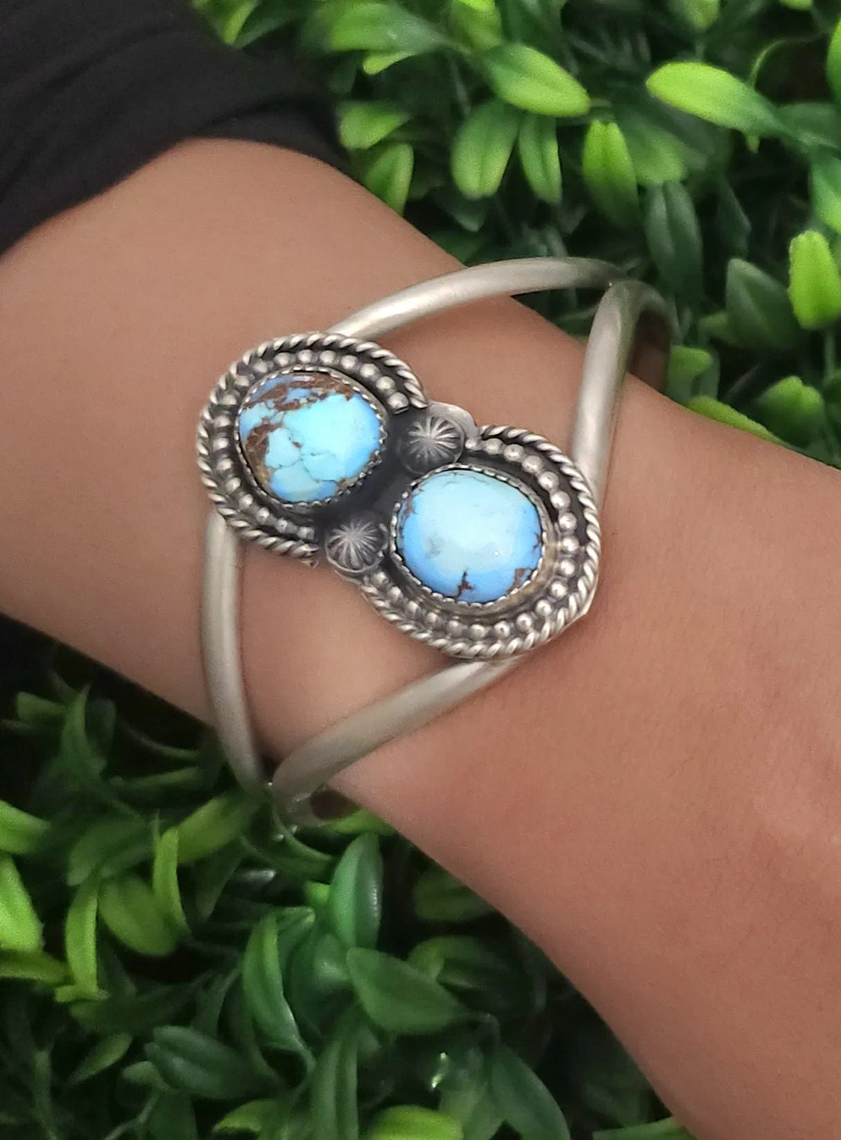 Stamped Sterling Silver Golden Hills Turquoise 2 Stone Cuff Bracelet