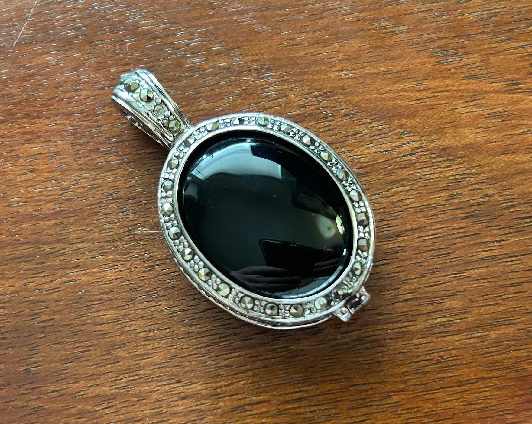 Sterling Silver 925 Faux Onyx Reversible Marcasite Box Chain Pendant Necklace
