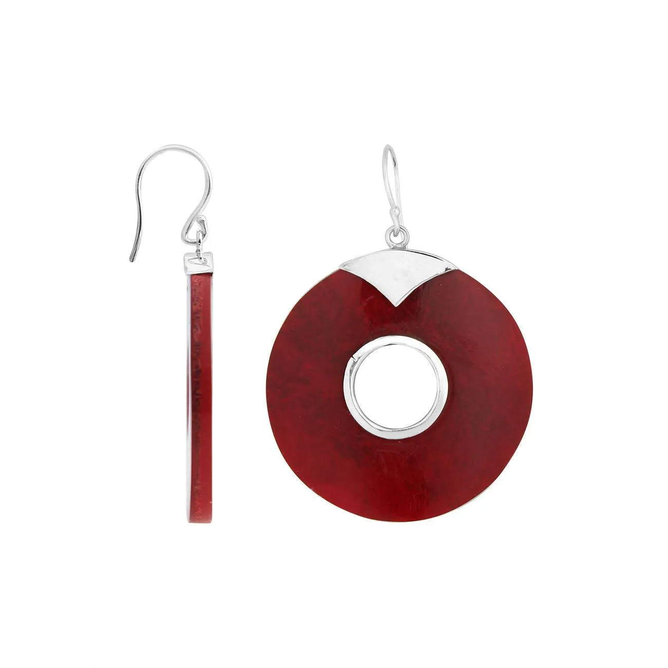 Sterling Silver RED CORAL Round Donut Earrings