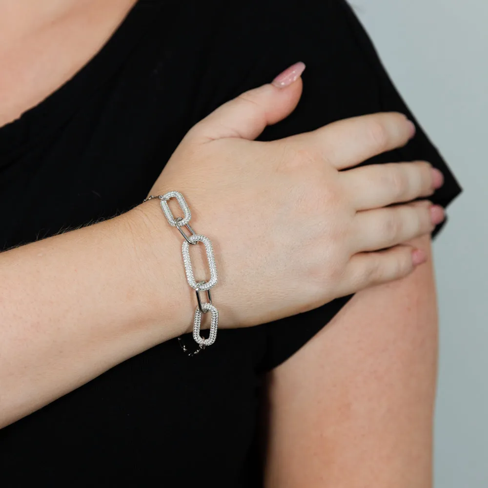 Sterling Silver Rhodium Plated Cubic Zirconia On Chunky Link 19 3cm Bracelet