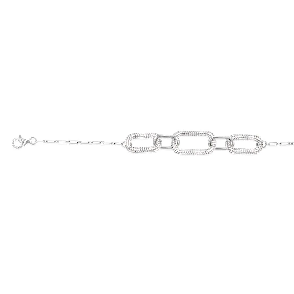Sterling Silver Rhodium Plated Cubic Zirconia On Chunky Link 19 3cm Bracelet