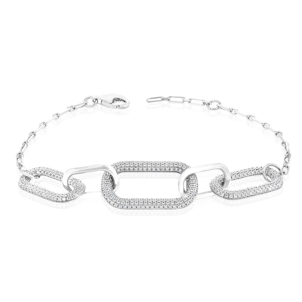 Sterling Silver Rhodium Plated Cubic Zirconia On Chunky Link 19 3cm Bracelet