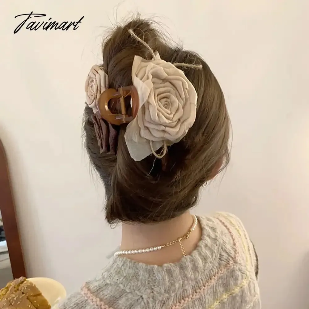 Tavimart New Coffee Color Dried Rose Scratch Clip Flower Scratch Clip Female Back Of Head Large Headdress Shark Clip Hair Accessory