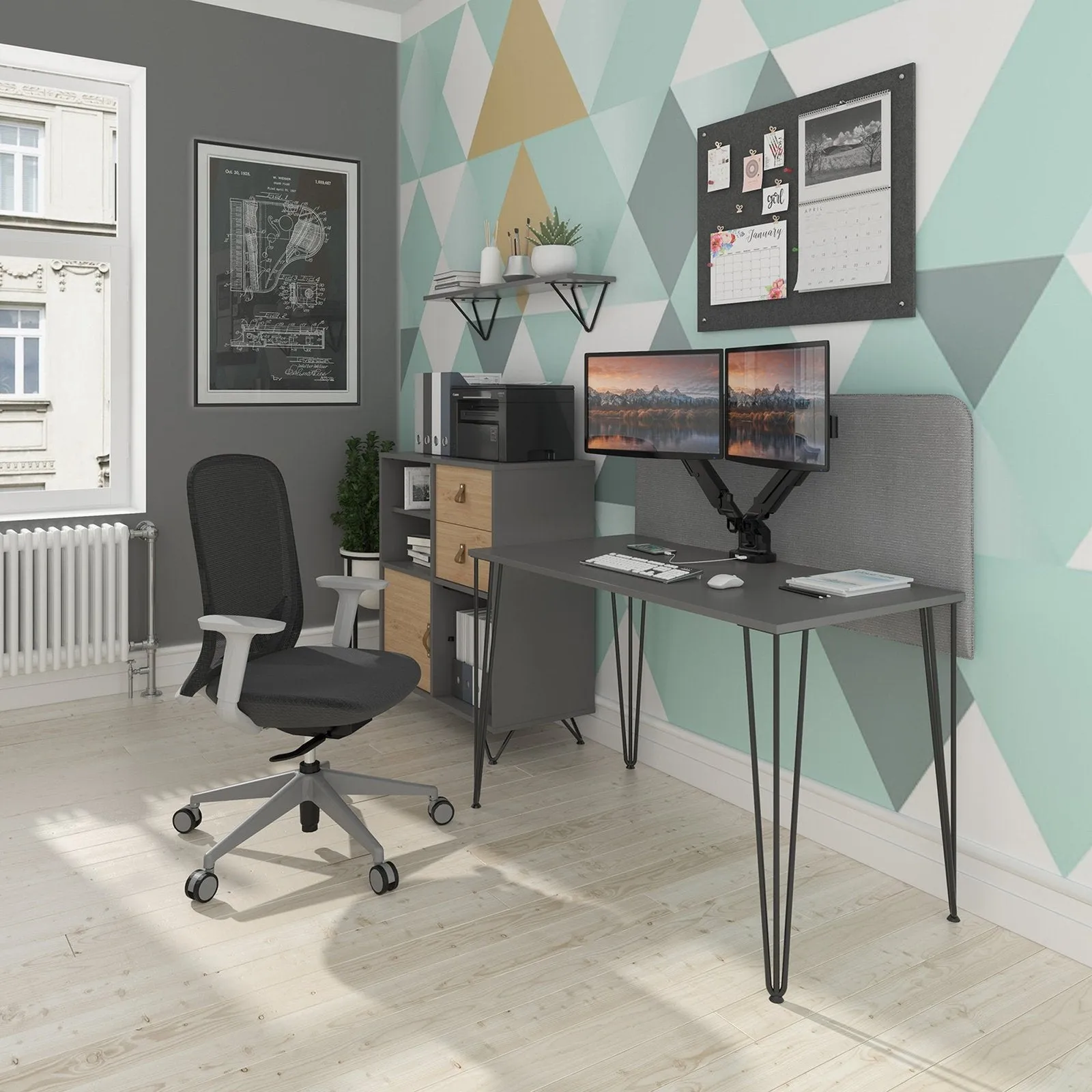 Tikal straight desk with black hairpin legs