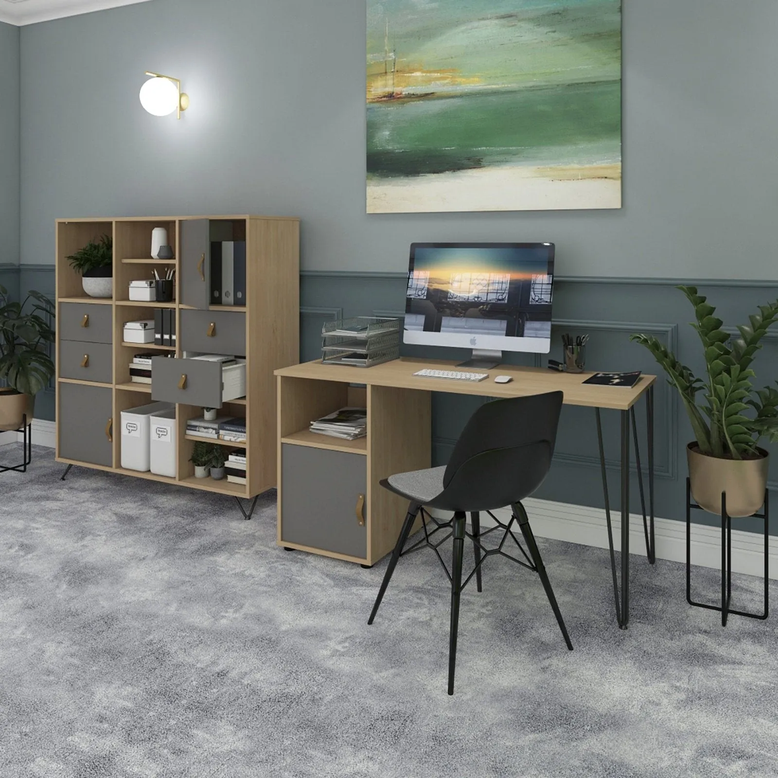 Tikal straight desk with black hairpin legs
