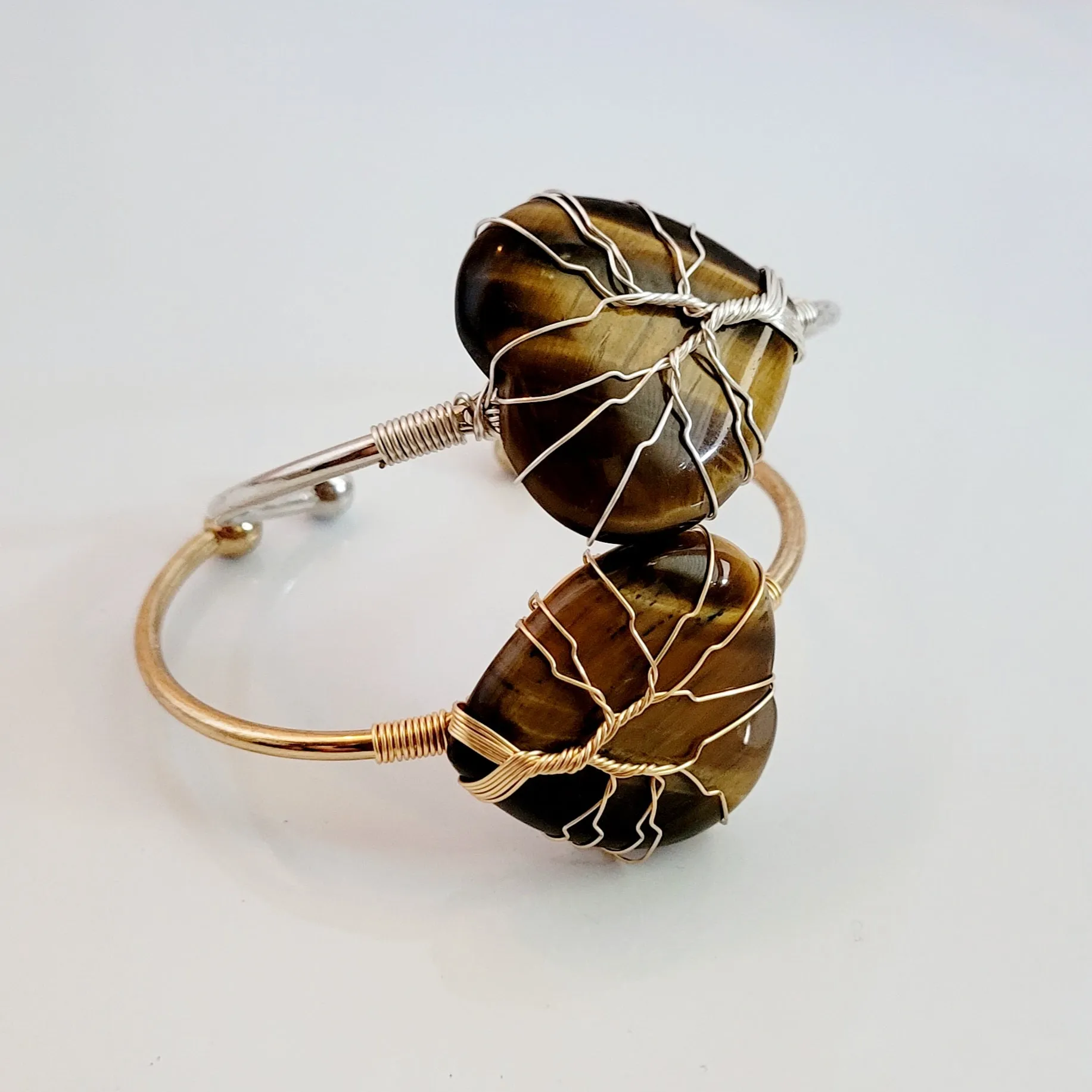 Tree of Life Wire Wrapped Tiger's Eye Heart Bangle Bracelet
