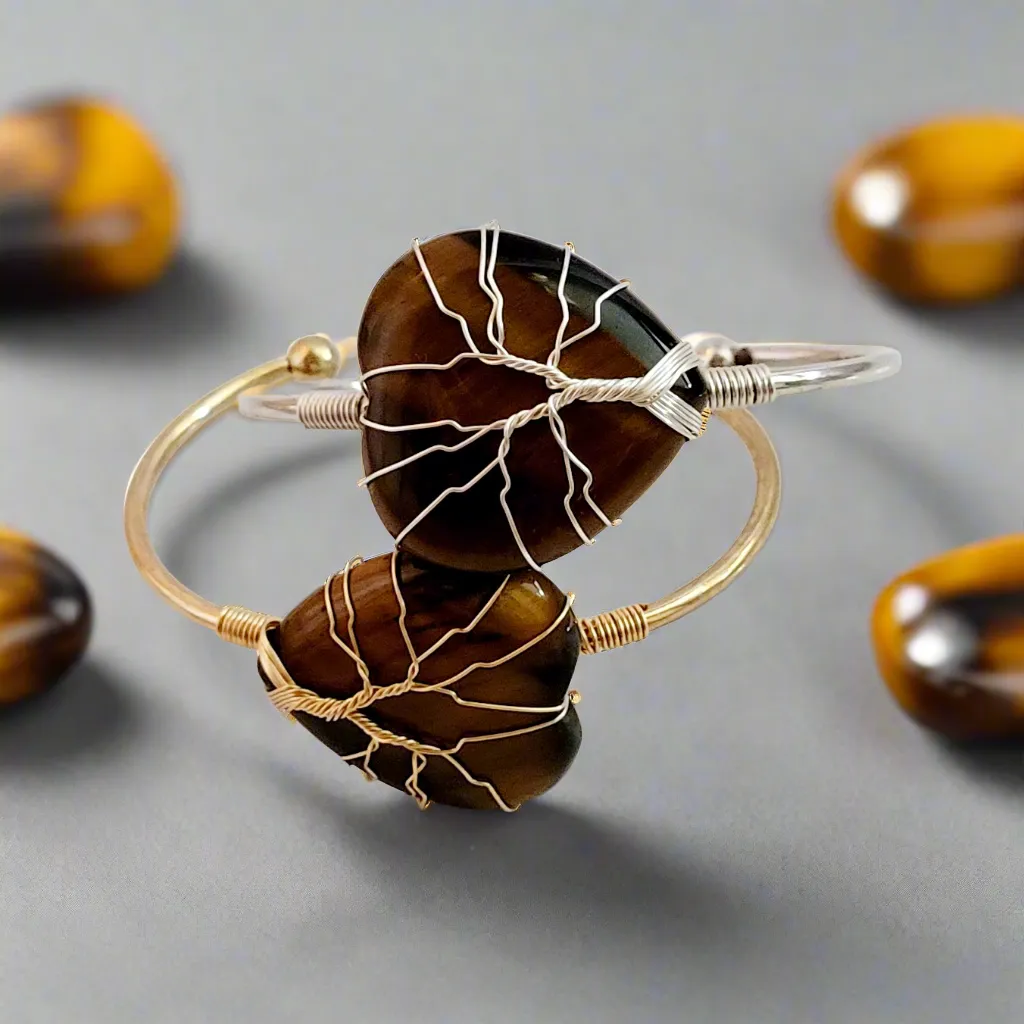 Tree of Life Wire Wrapped Tiger's Eye Heart Bangle Bracelet
