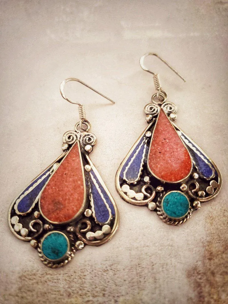 Turquoise and Coral Tribal Earrings