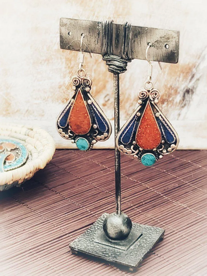 Turquoise and Coral Tribal Earrings