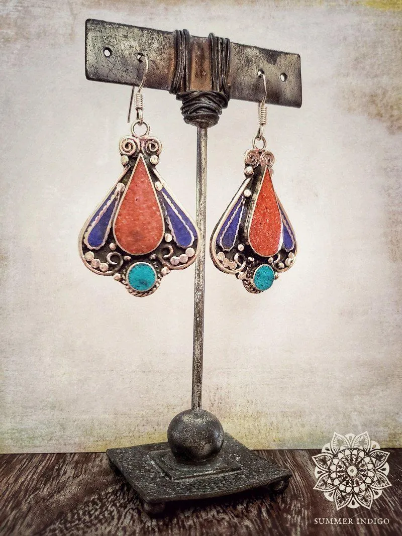 Turquoise and Coral Tribal Earrings