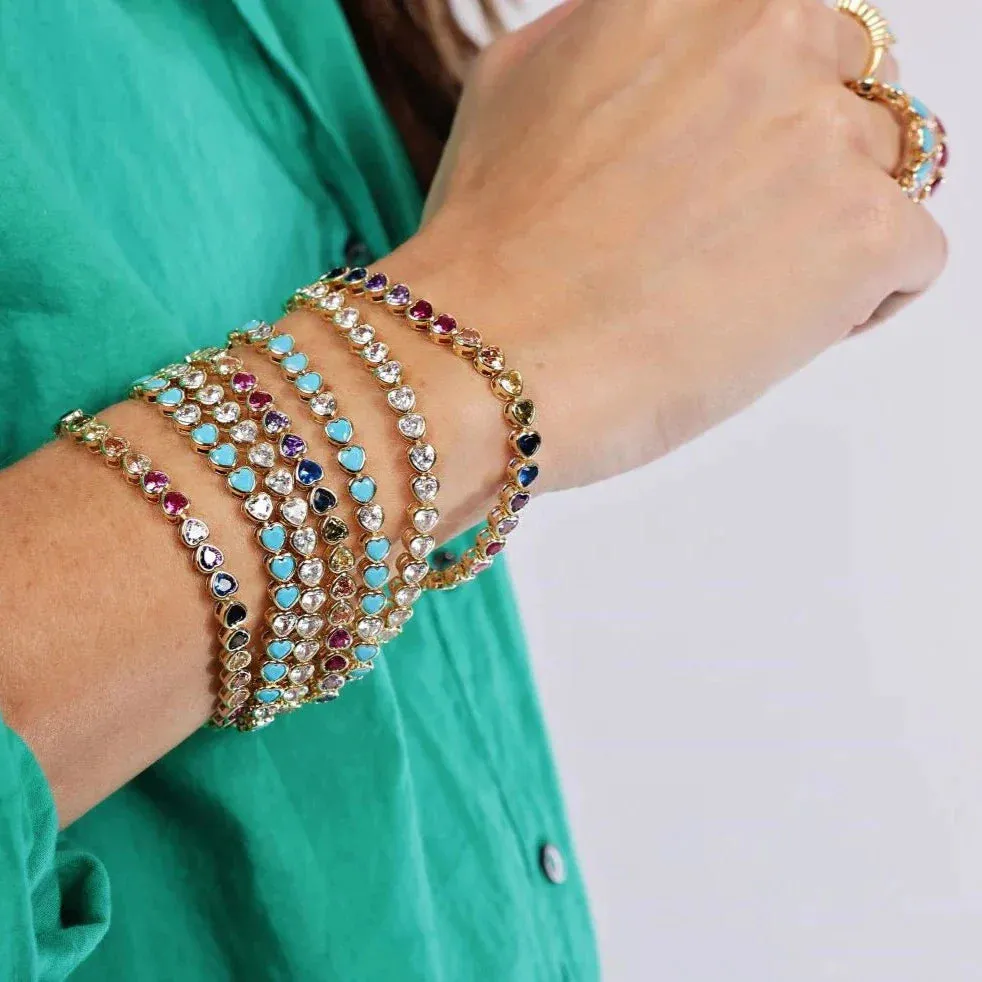 Turquoise CZ Bezel Heart Tennis Bracelet