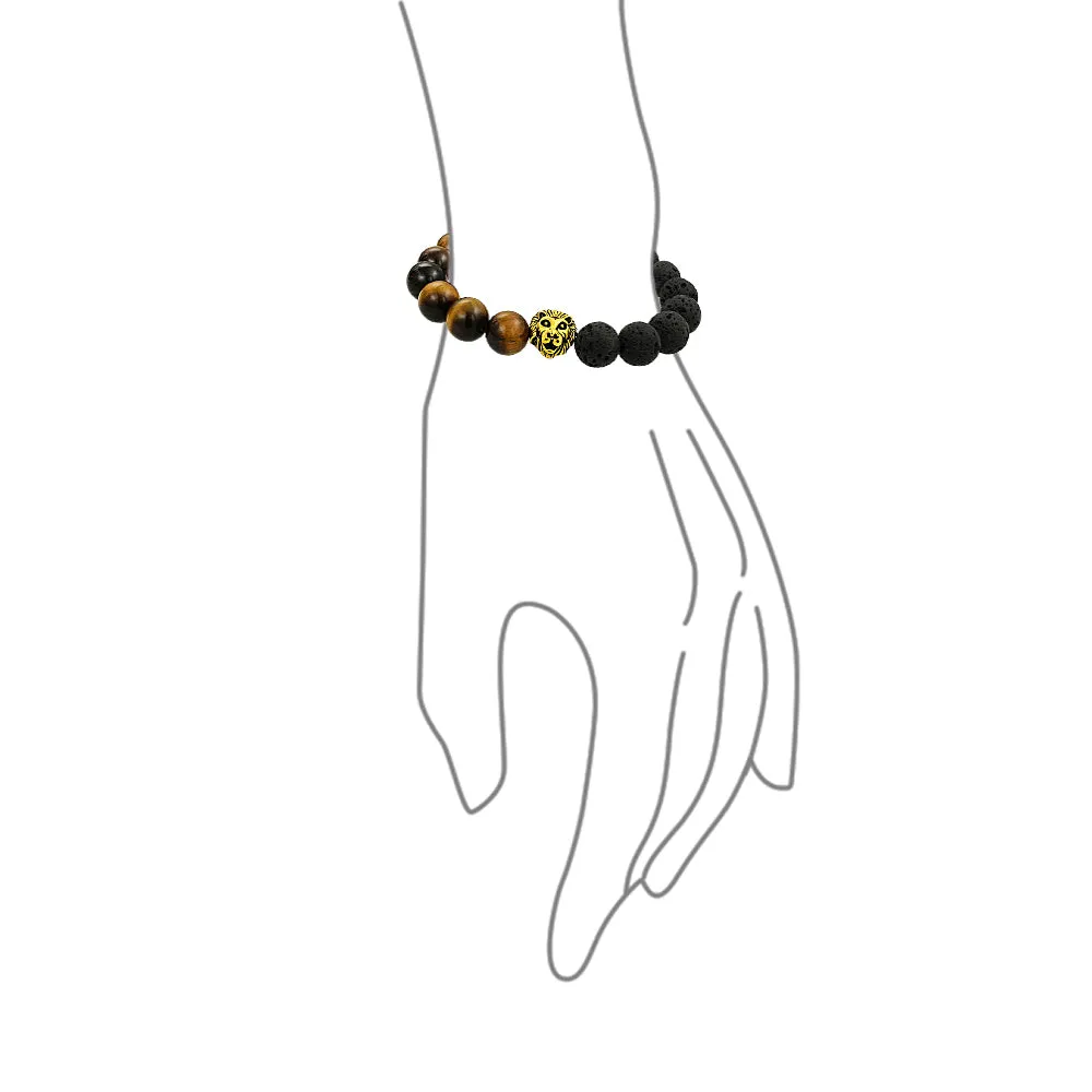 Unisex Jungle Animal Stretch Bracelet with Tiger Eye & Lava Rock Beads Gold or Onyx