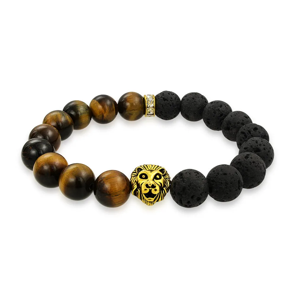 Unisex Jungle Animal Stretch Bracelet with Tiger Eye & Lava Rock Beads Gold or Onyx