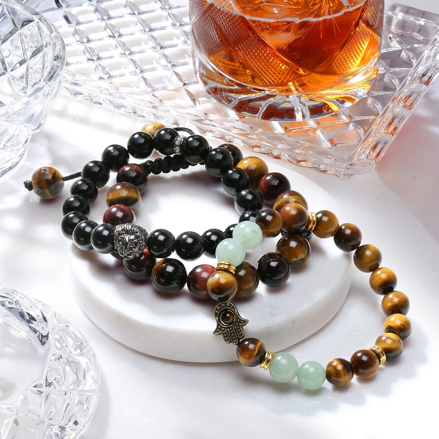 Unisex Jungle Animal Stretch Bracelet with Tiger Eye & Lava Rock Beads Gold or Onyx