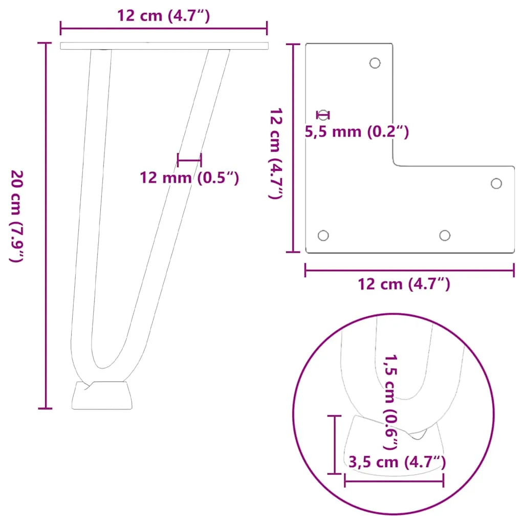 vidaXL Hairpin Table Legs 4 pcs Natural Steel 20 cm Solid Steel