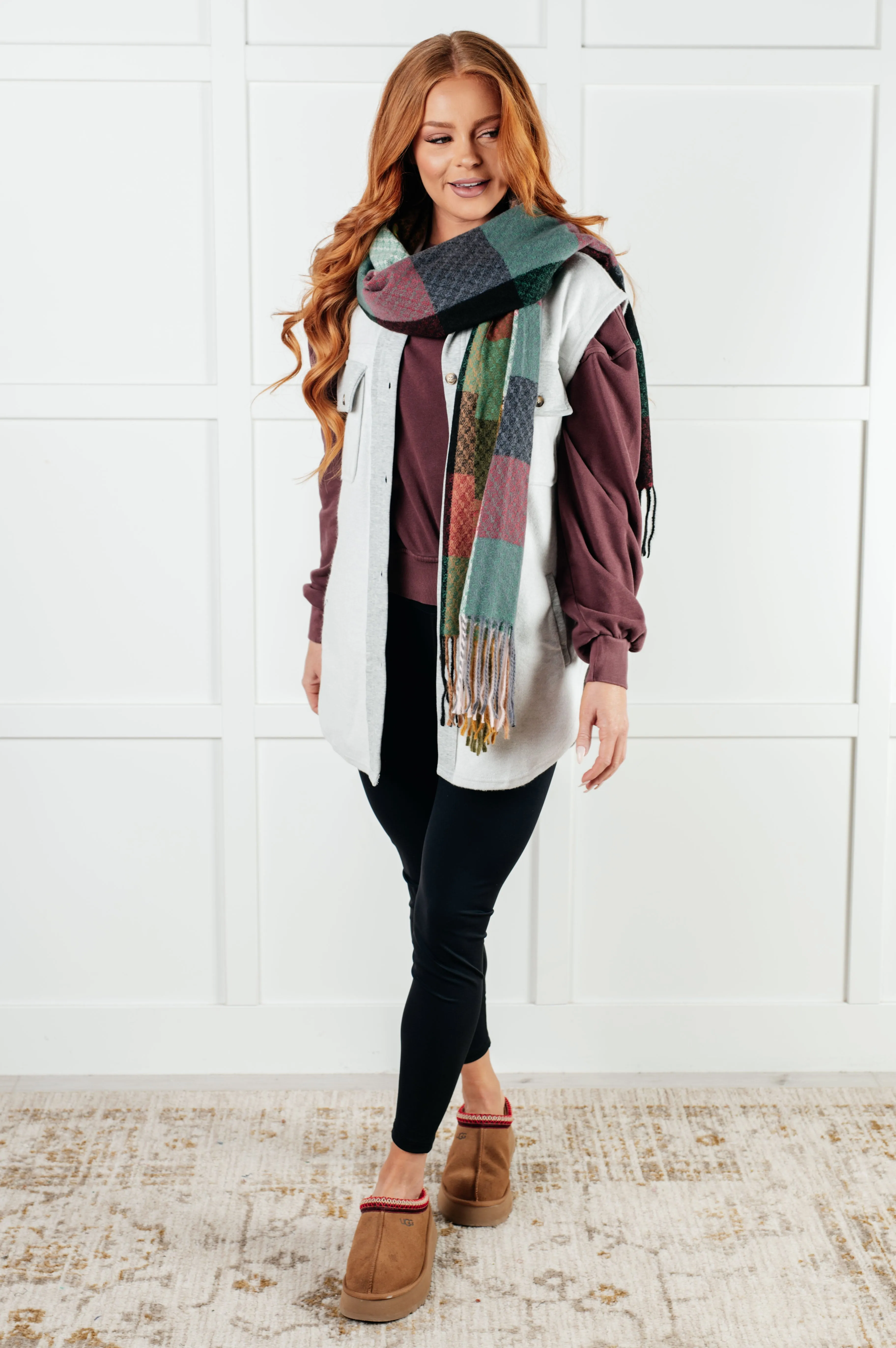 Warm & Cozy Checkered Fringe Scarf - Berry Beauty