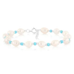 White Freshwater Pearl Bracelet with Blue & Silver Beads in Sterling Silver