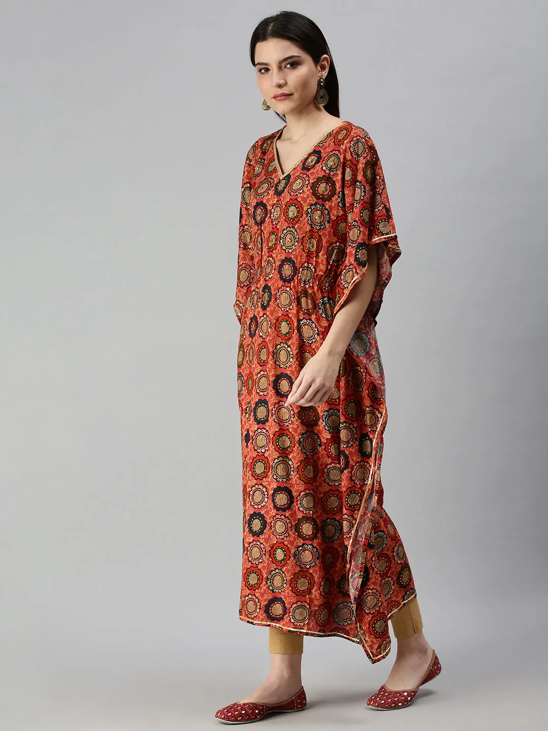 Women's Orange Printed Kaftan Kurta