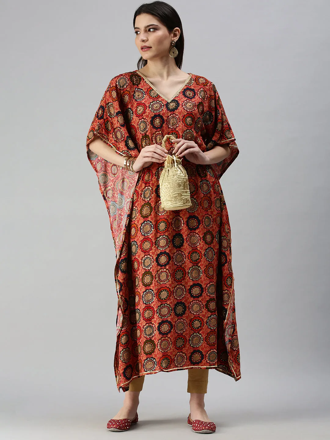 Women's Orange Printed Kaftan Kurta