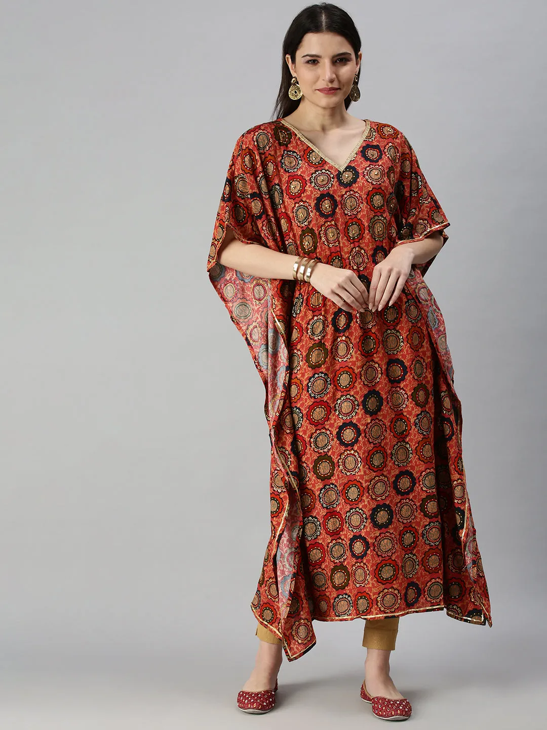 Women's Orange Printed Kaftan Kurta